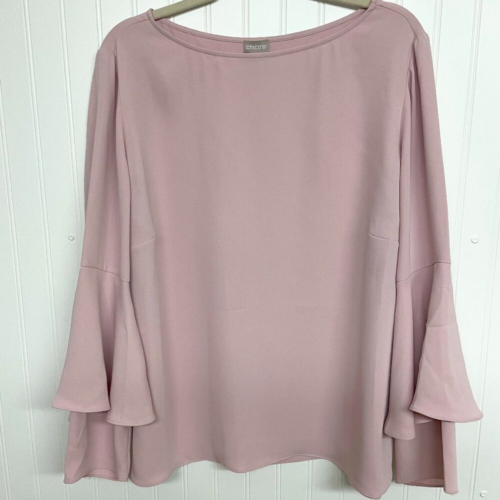 Chico's Tiered Sleeve Satin Feel Top Sz 3 Blush Pink Career Wear Formal Party